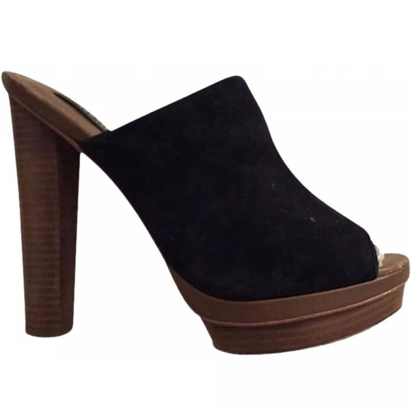 Ann Taylor Black Suede Wooden Lorena Mule Platform Heels sz 8 - Picture 2 of 10